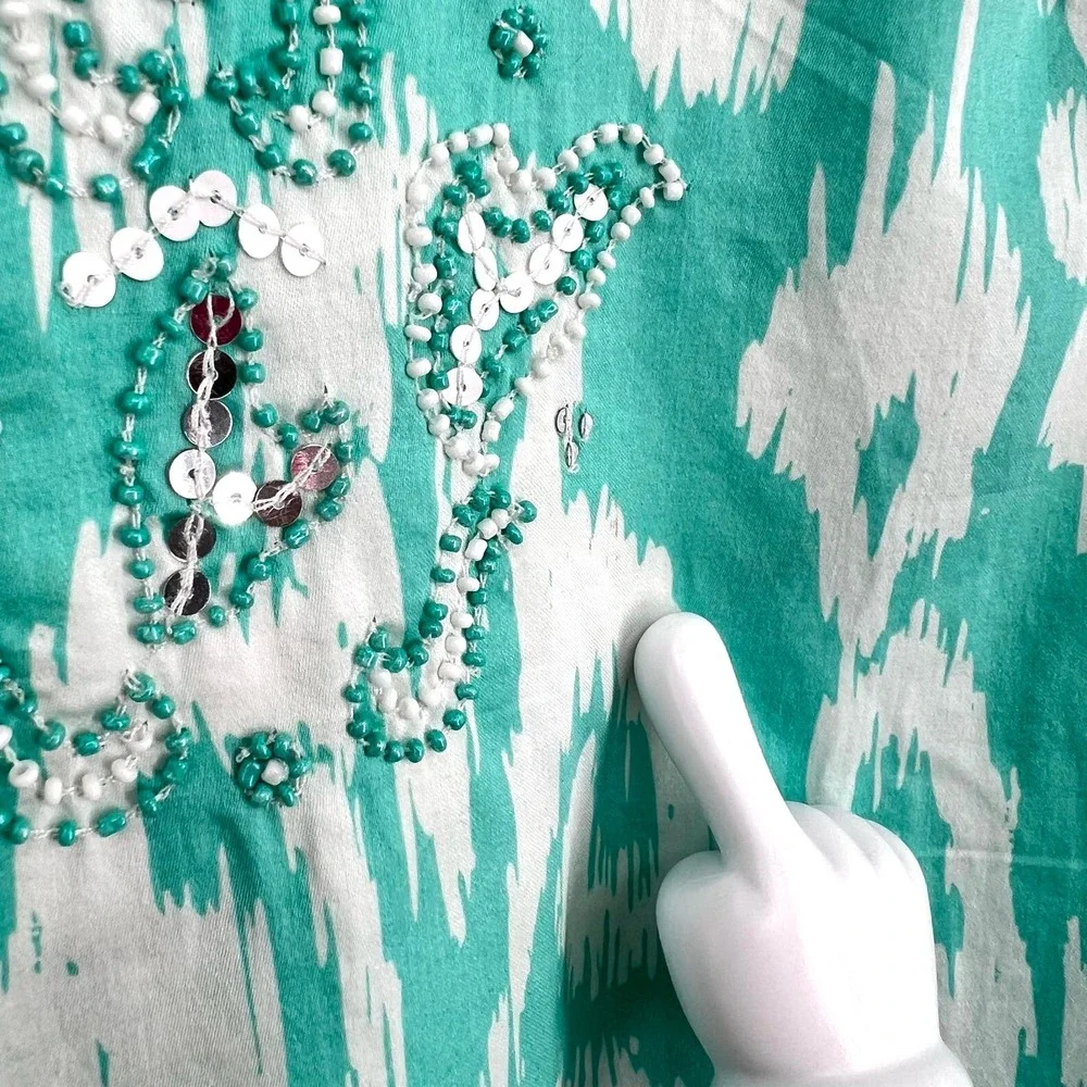 Brooks Brothers 346 Womens Sz XS Teal Green Beaded Tropical Blouse Shirt Top - Picture 9 of 10